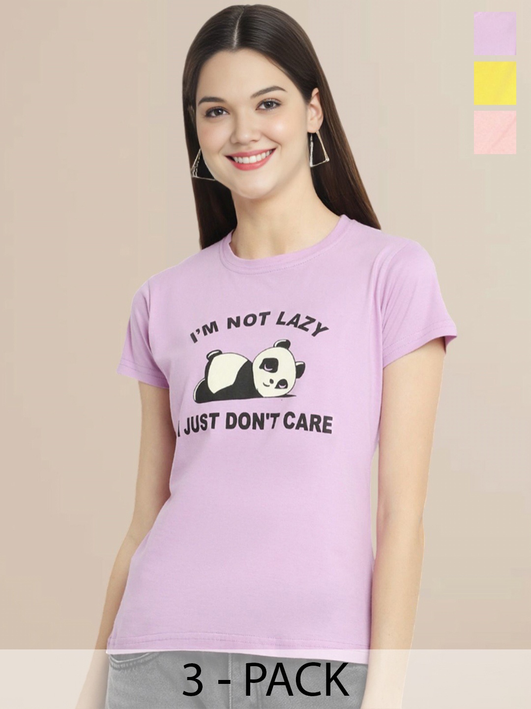 

Metronaut Women Typography Set of 3 Cotton T-shirts, Purple