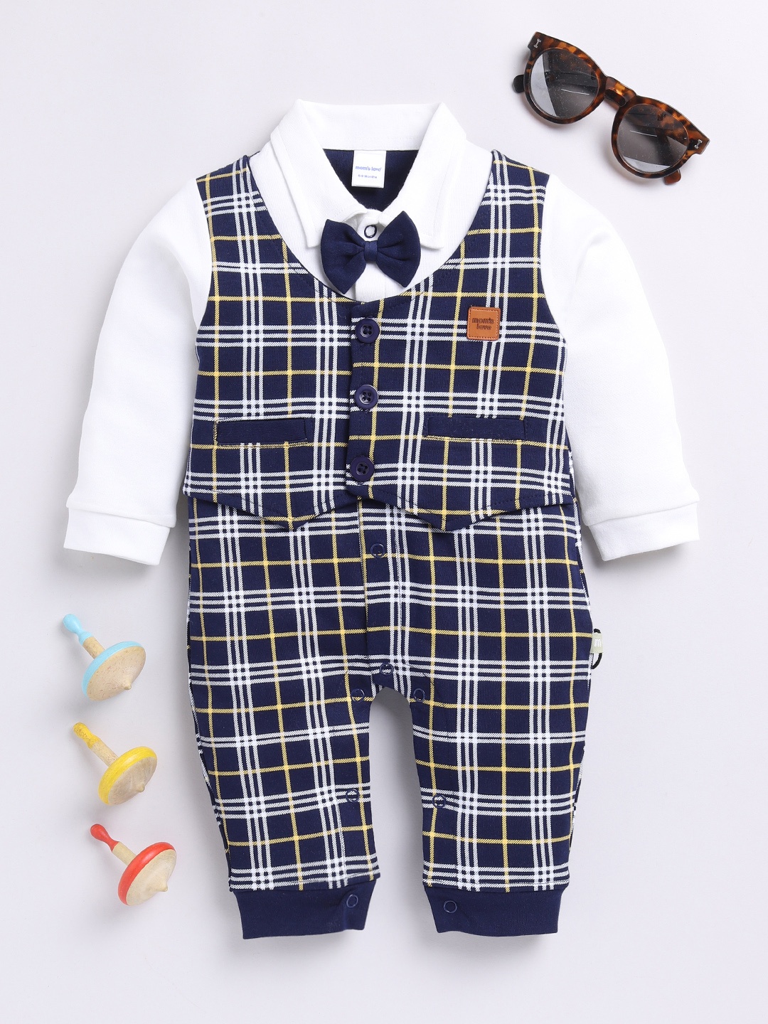 

Moms Love Infant Boys Checked Pure Cotton Party Romper, Navy blue