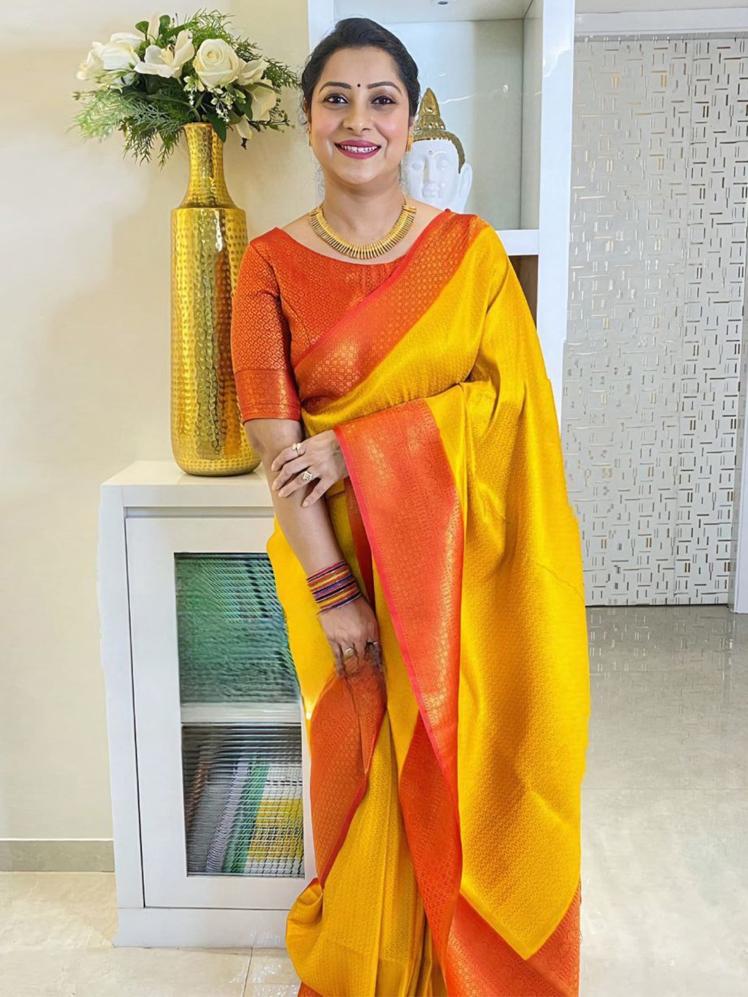 

Areca Designer Woven Design Zari Pure Silk Banarasi Saree, Yellow