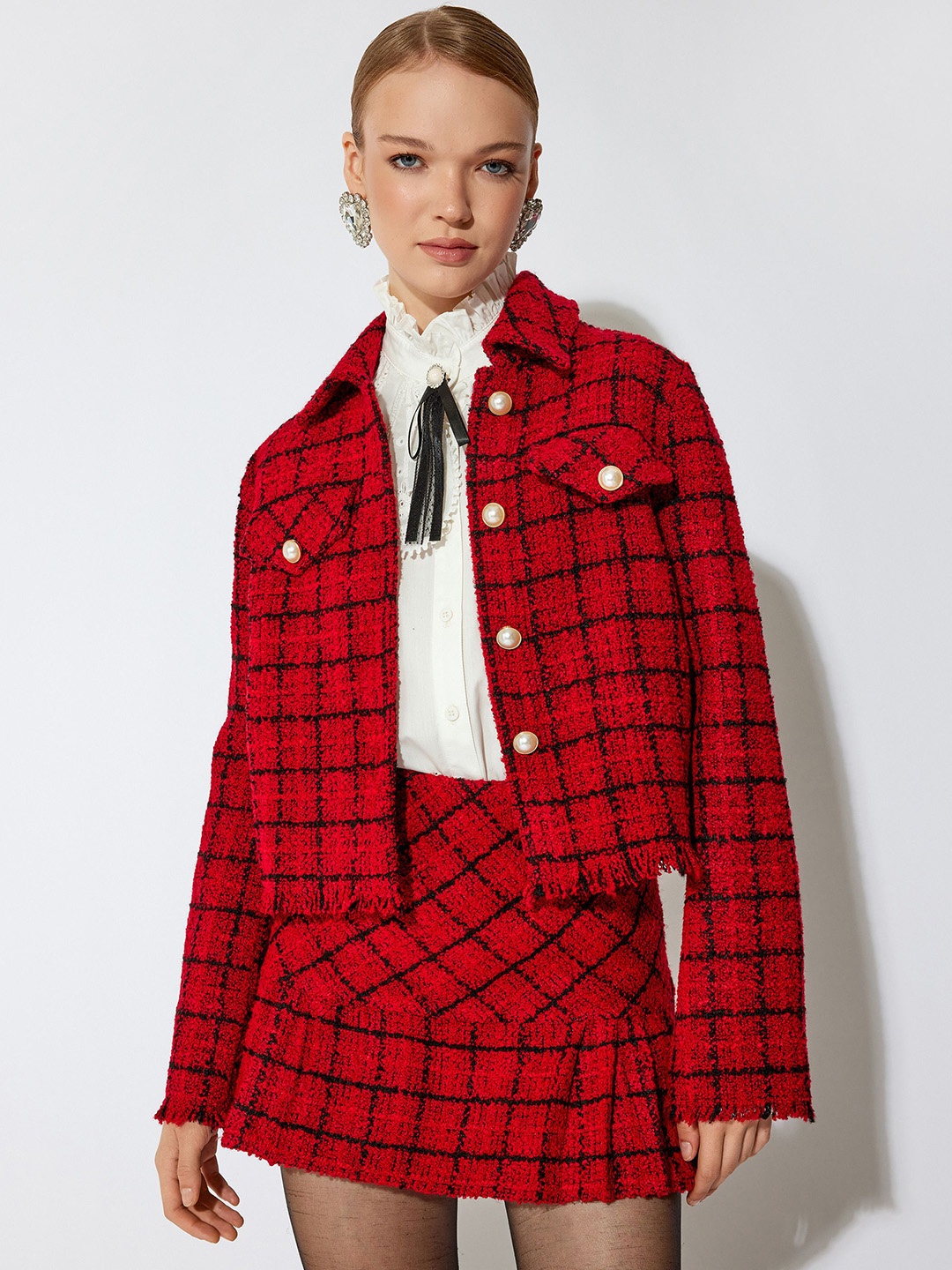 

Koton Women Checked Acrylic Crop Tailored Jacket, Red