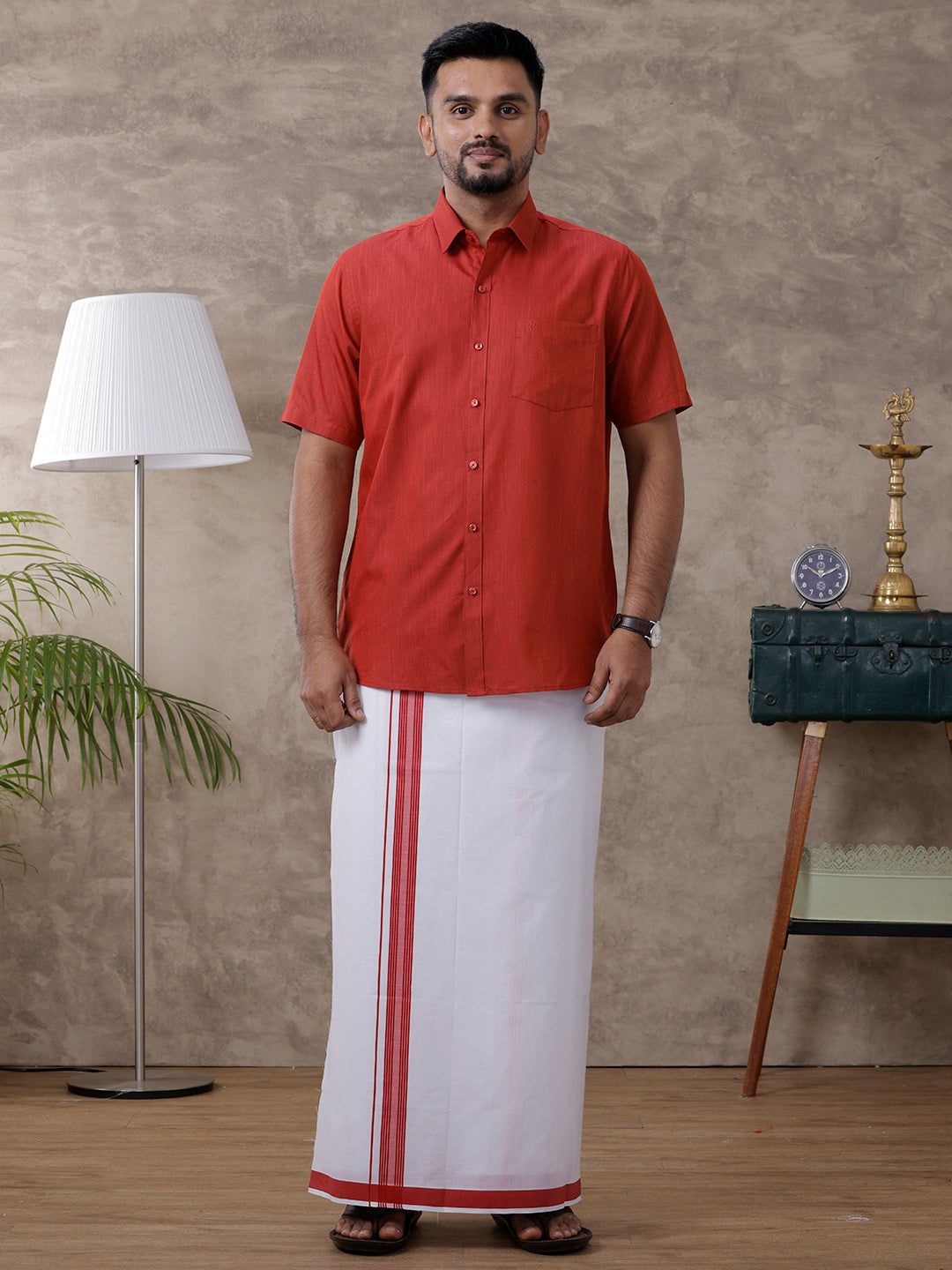 

Ramraj Men Half Sleeve Shirt Regular Collar Shirt with Matching Fancy Border Dhoti, Red