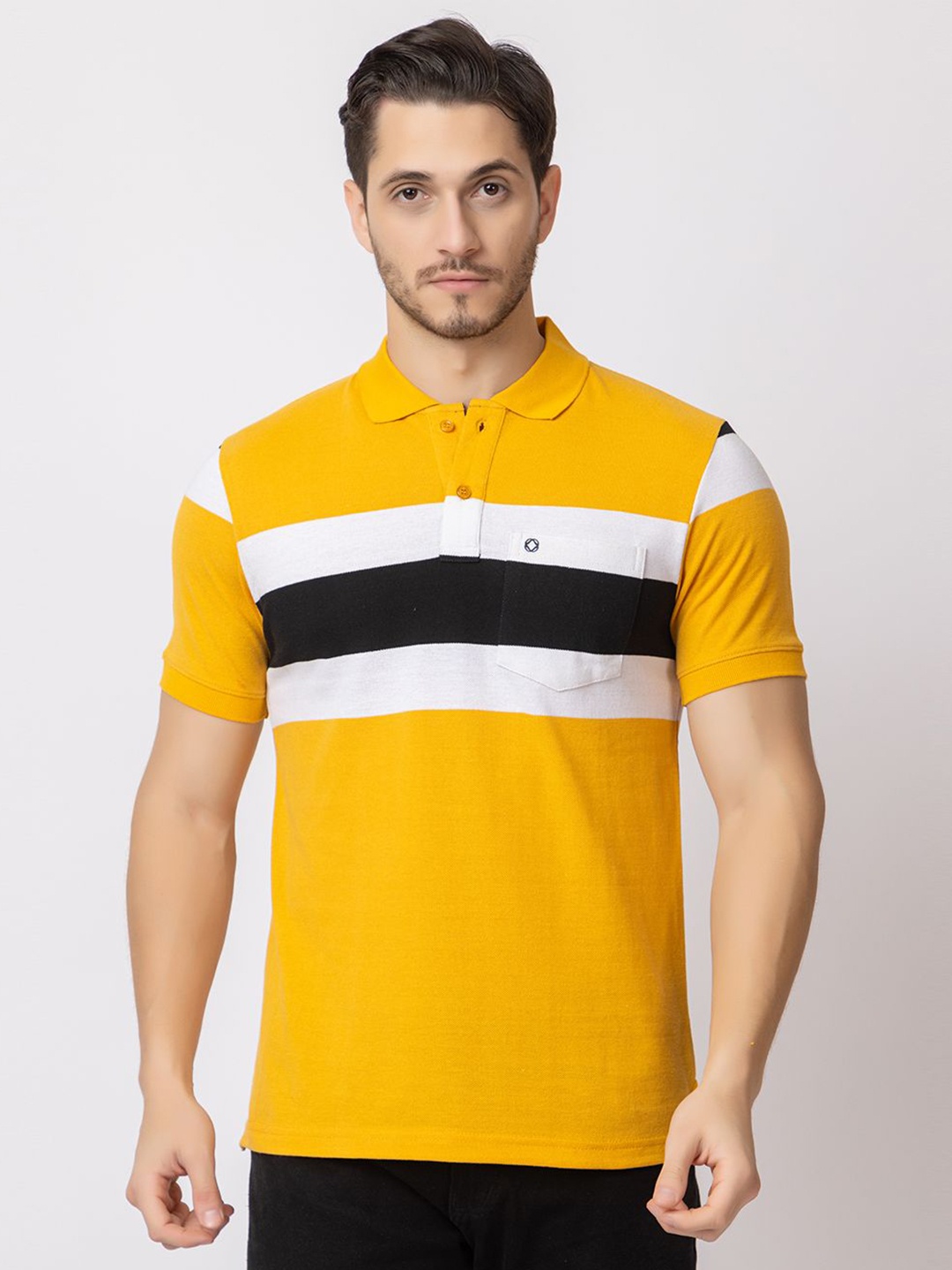 

ARIIX Men Striped Polo Collar Raw Edge T-shirt, Yellow