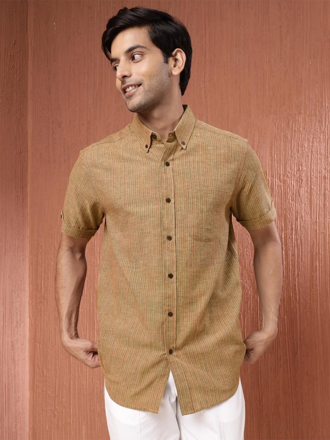 

Fabindia Men Opaque Striped Casual Shirt, Mustard