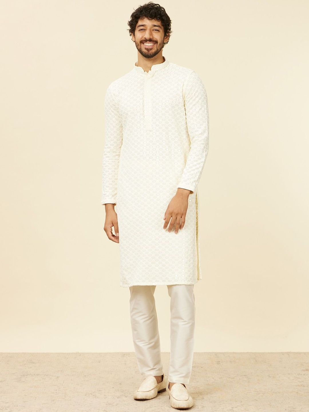 

Manyavar Men Embroidered Regular Sequinned Kurta with Pyjamas, Cream