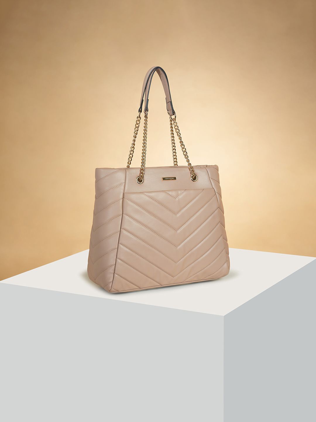 

Forever Glam by Pantaloons Colourblocked PU Oversized Structured Shoulder Bag with Quilted, Taupe