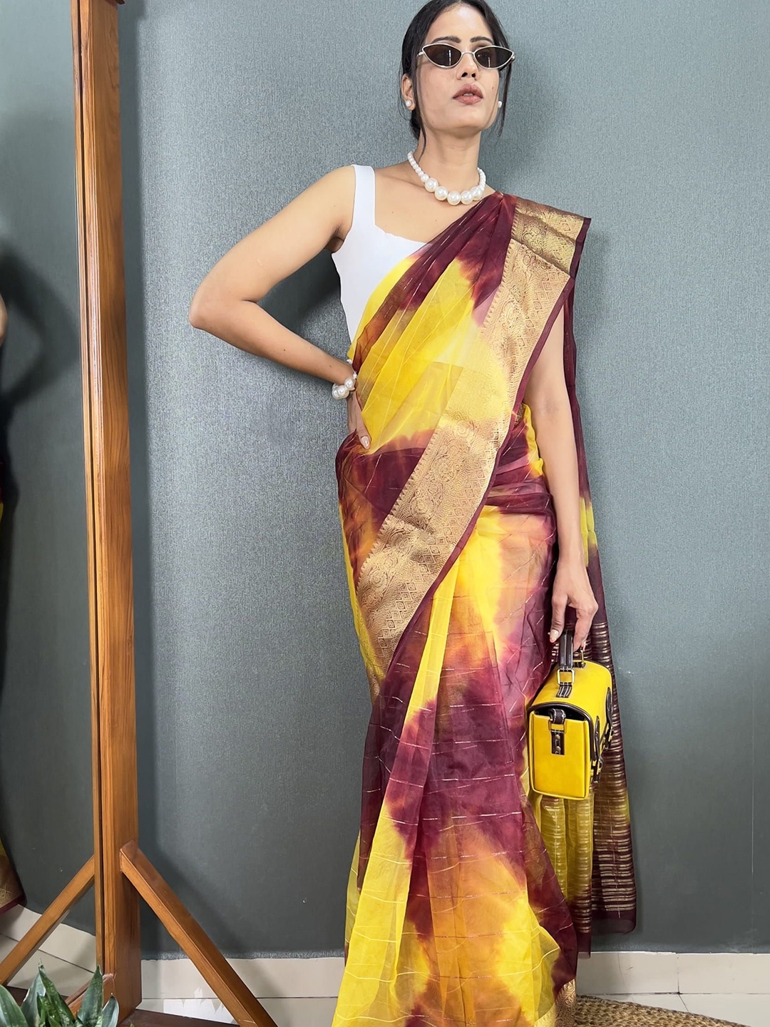 

KALINI Tie and Dye Zari Organza Leheriya Saree, Maroon