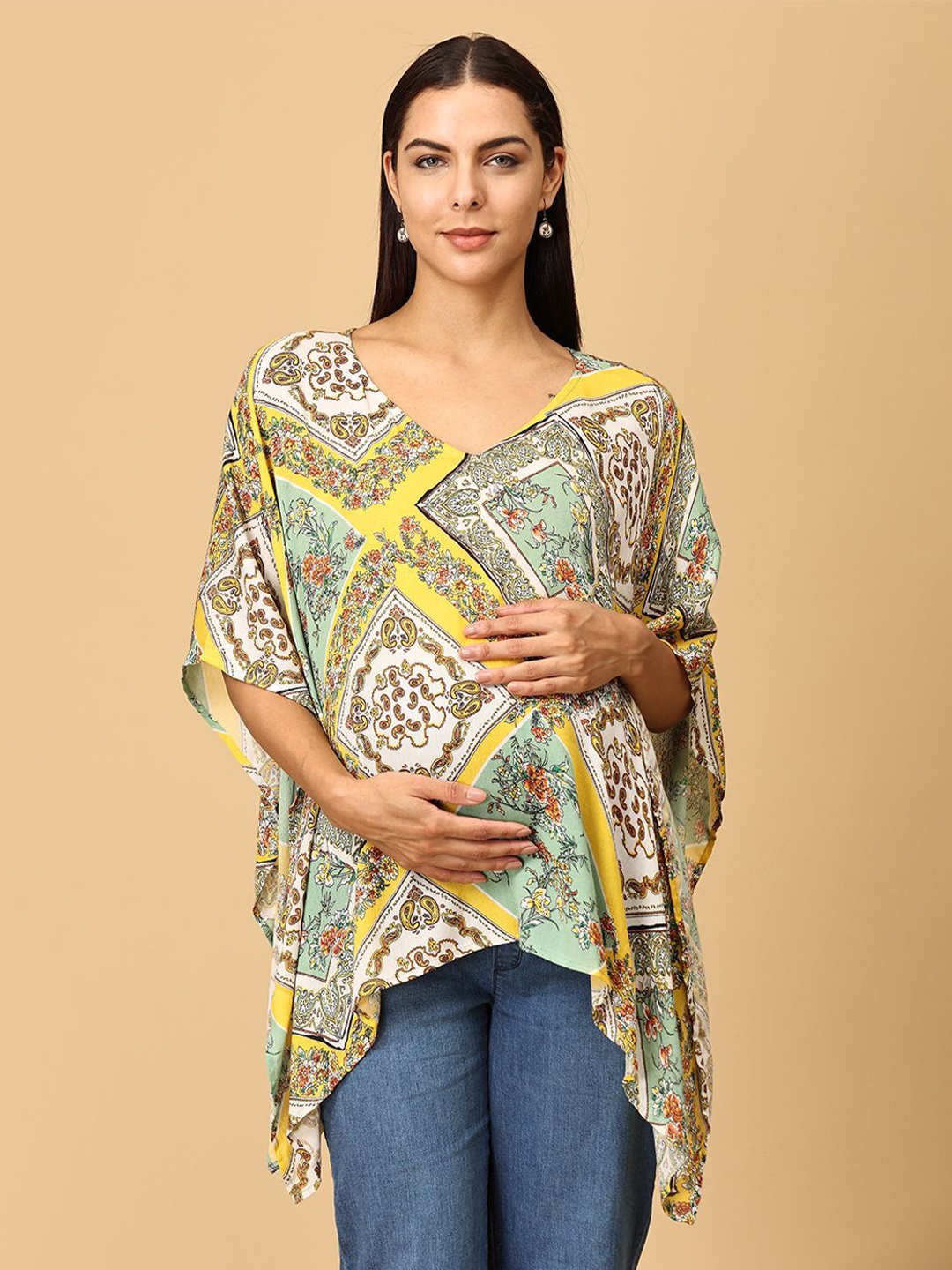 

The Mom Store Print Kimono Sleeve Cotton Kaftan Top, Multi