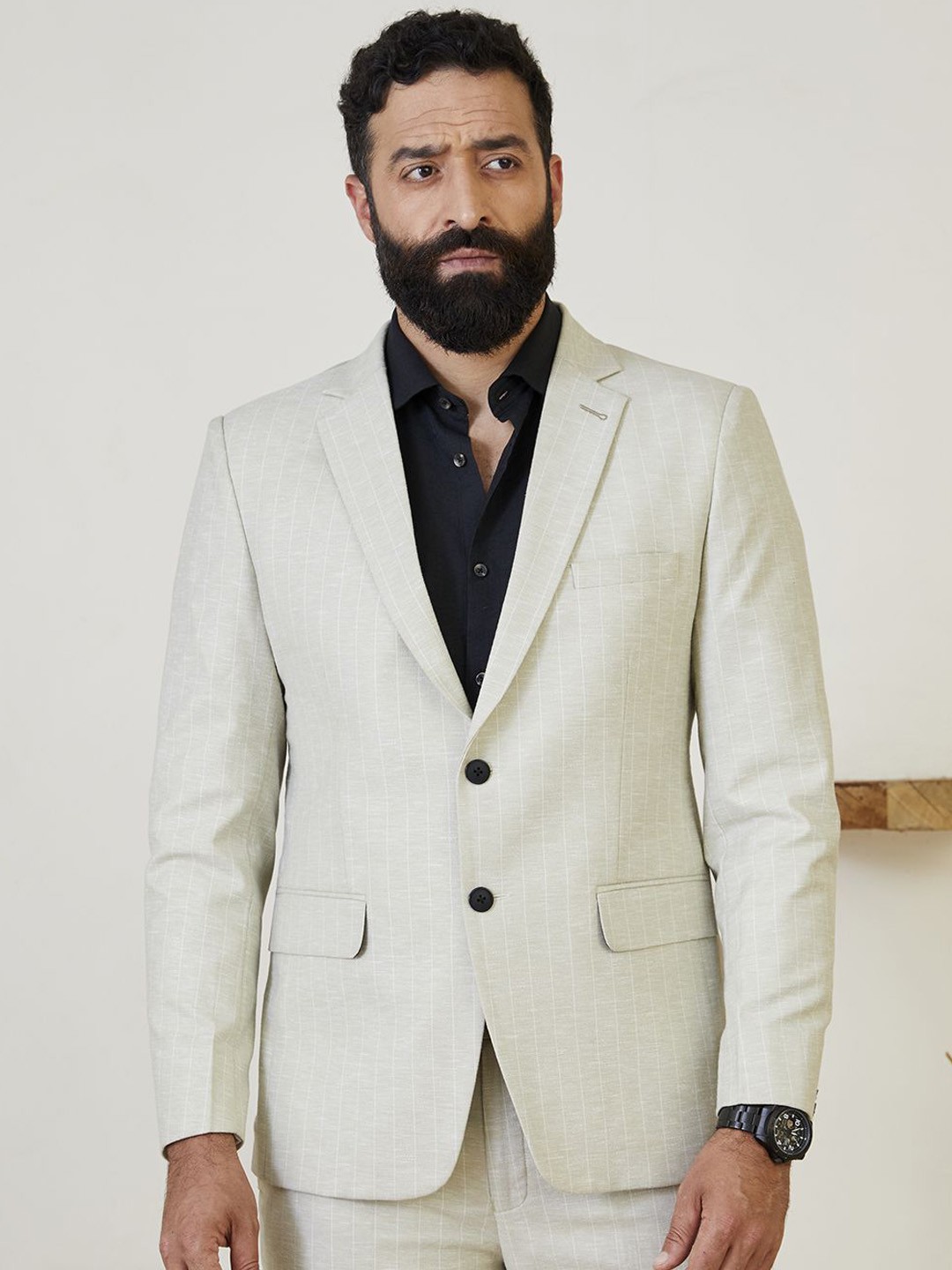 

MR BUTTON Striped Tailored -Fit Single-Breasted Blazers, Green