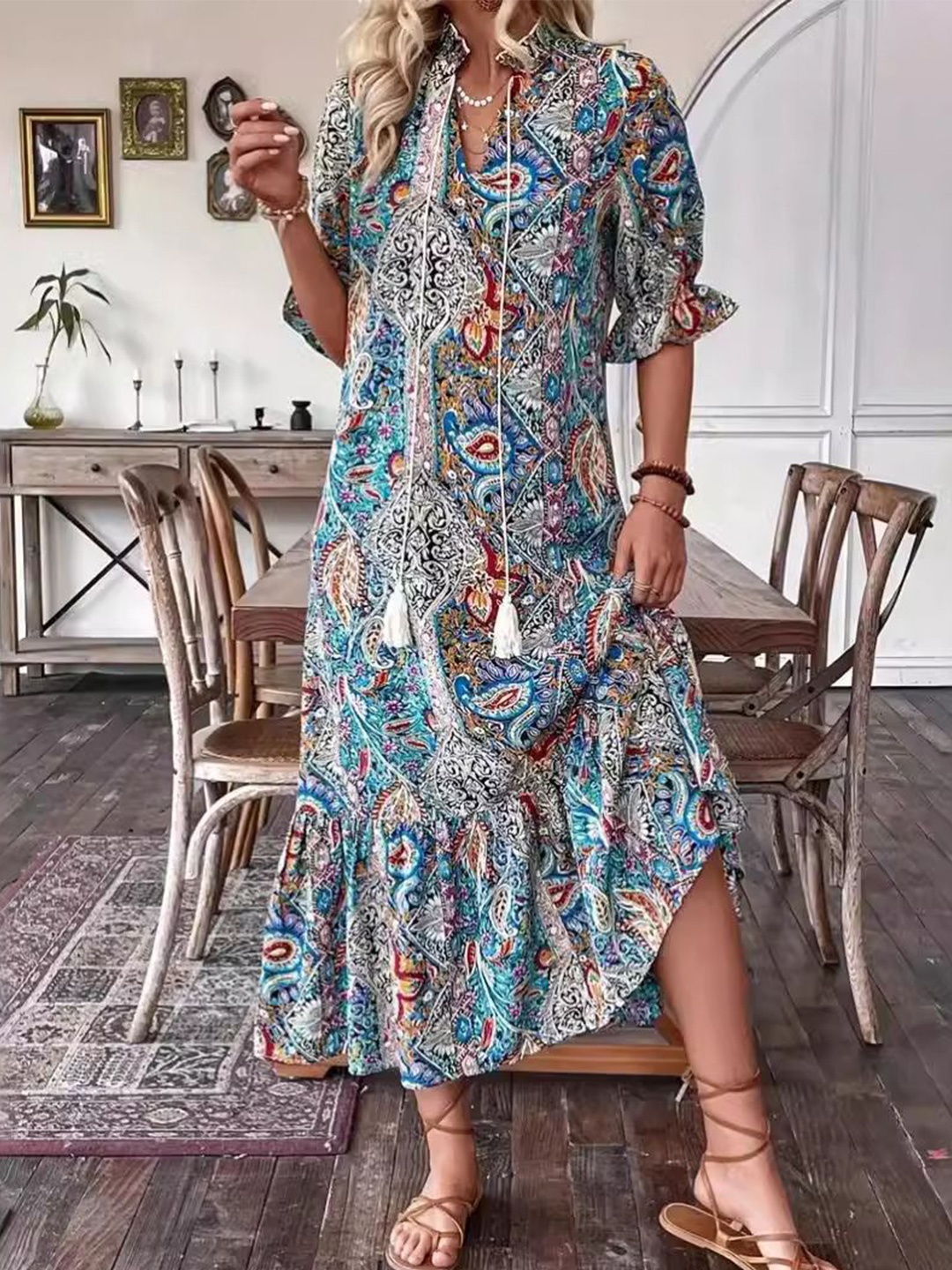 

StyleCast Ethnic Motifs Tie-Up Neck Layered A-Line Maxi Dress, Blue