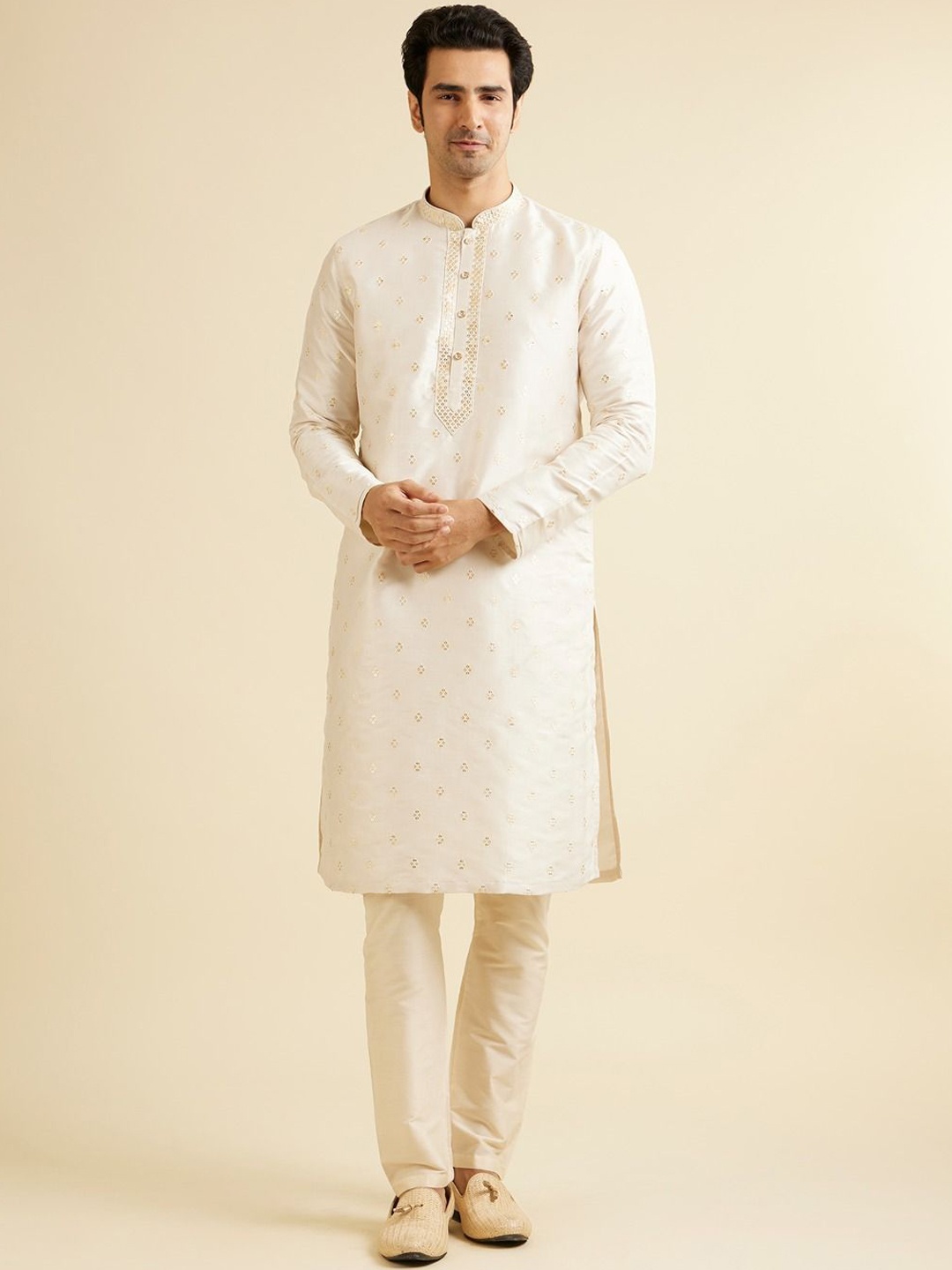 

Manyavar Men Embroidered Regular Sequinned Kurta with Pyjamas, Cream