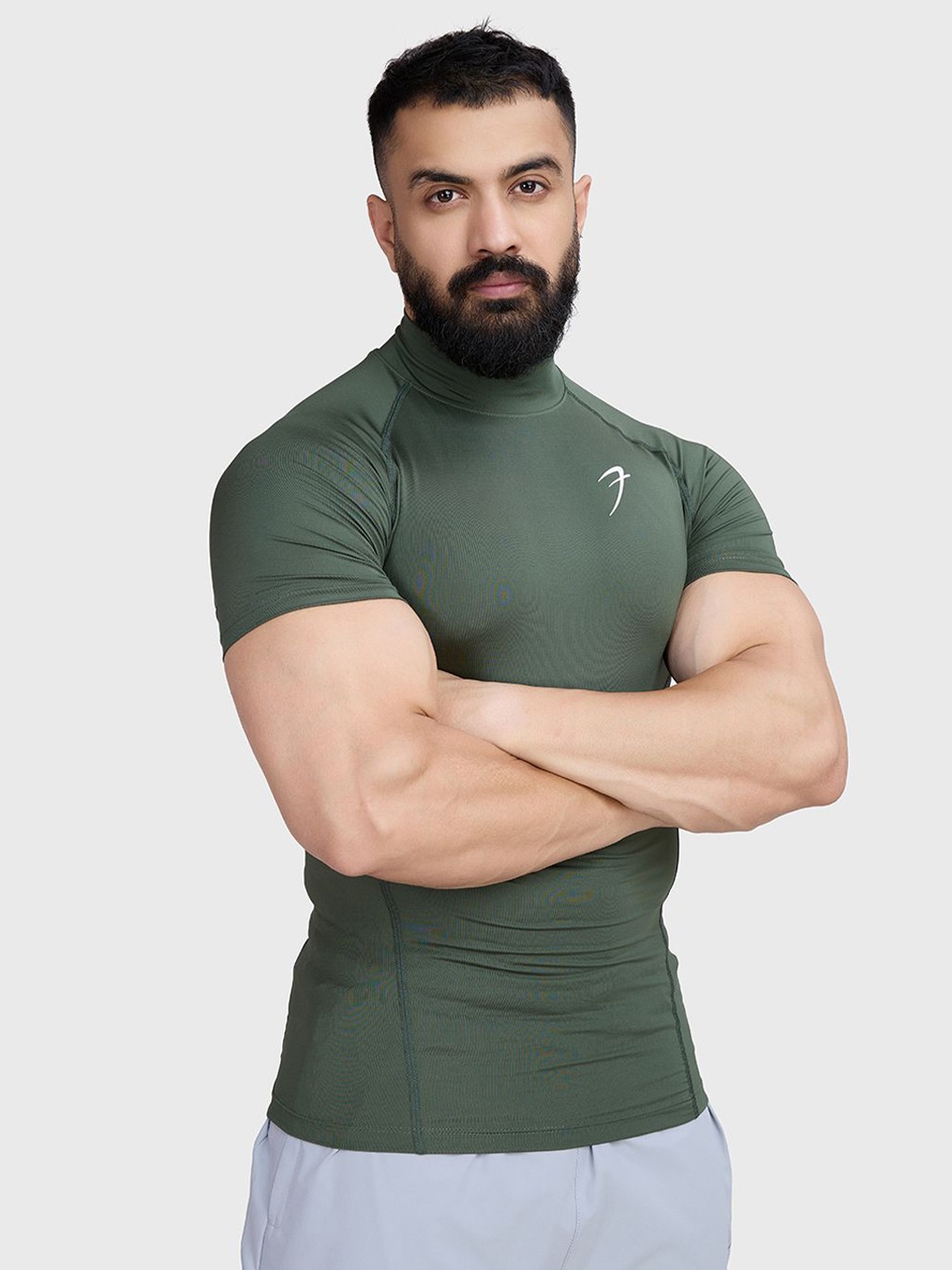 

FUAARK Men High Neck Stretchex Pockets Compression T-shirt, Green