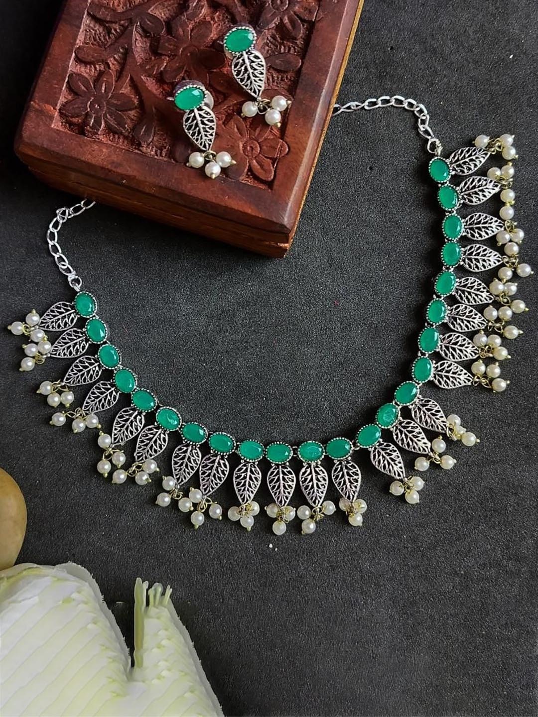 

Efulgenz Rhodium-Plated Crystal Stones-Studded & Beaded Jewellery Set, Silver