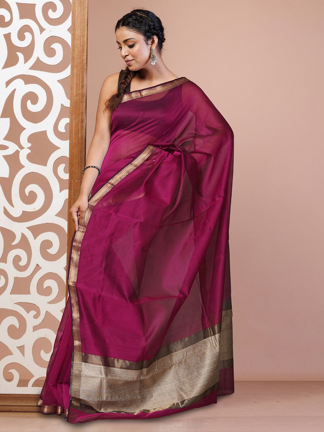 

Unnati Silks Silk Cotton Handloom Maheshwari Saree, Pink