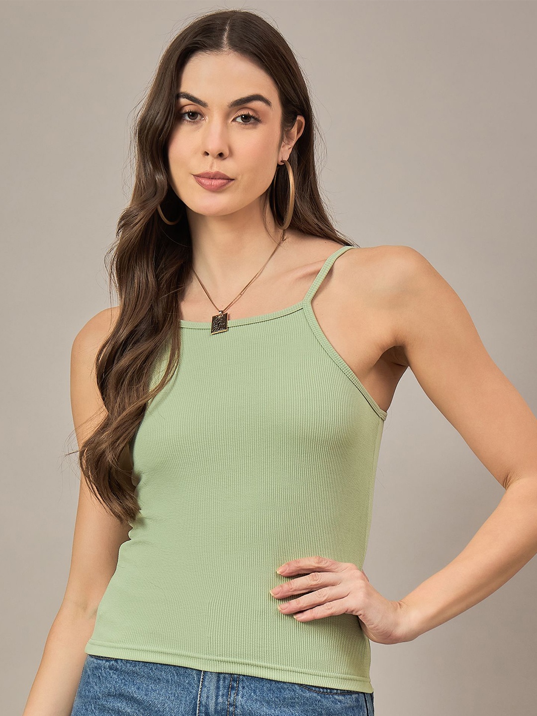 

Roadster Women Ribbed Shoulder Strep Top, Green