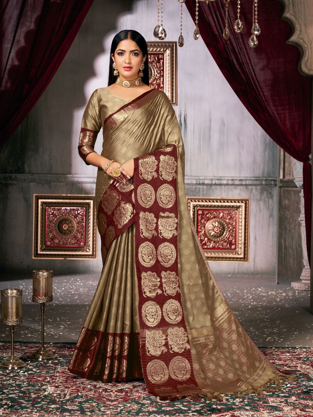 

Areca Designer Woven Design Zari Pure Silk Banarasi Saree, Cream