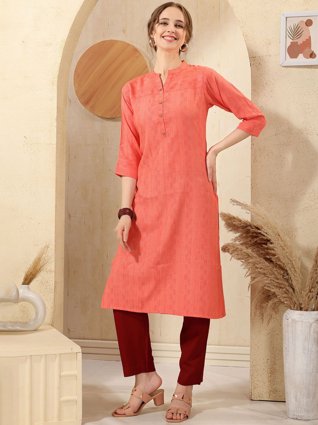 

keshubaba Striped Woven Design Mandarin Collar Kurta, Red
