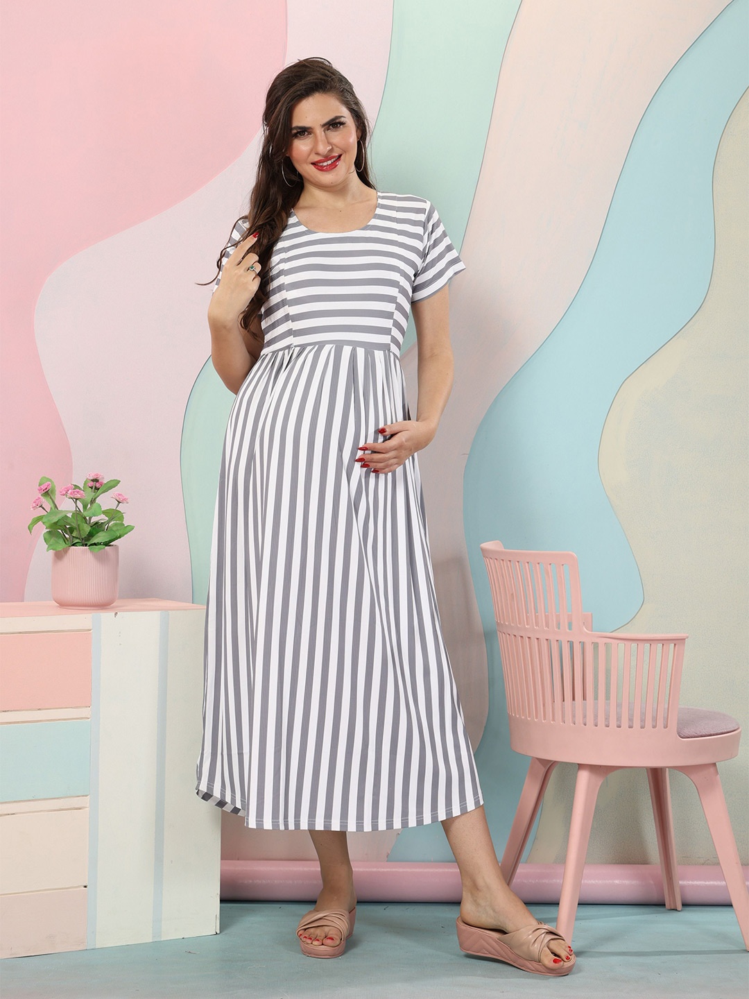 

EASY MOM Women Striped Maternity Fit & Flare Maxi Dress, Grey