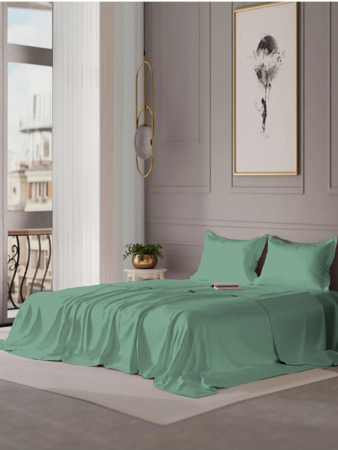 

Vintana Green 300 Tc King Size Bedsheet with 2 Pillow Covers