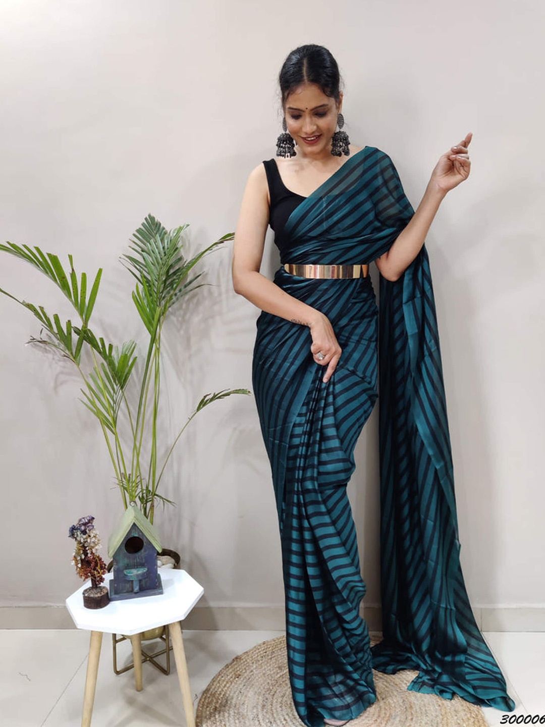 

KALINI Striped Satin Ready to Wear Saree, Blue