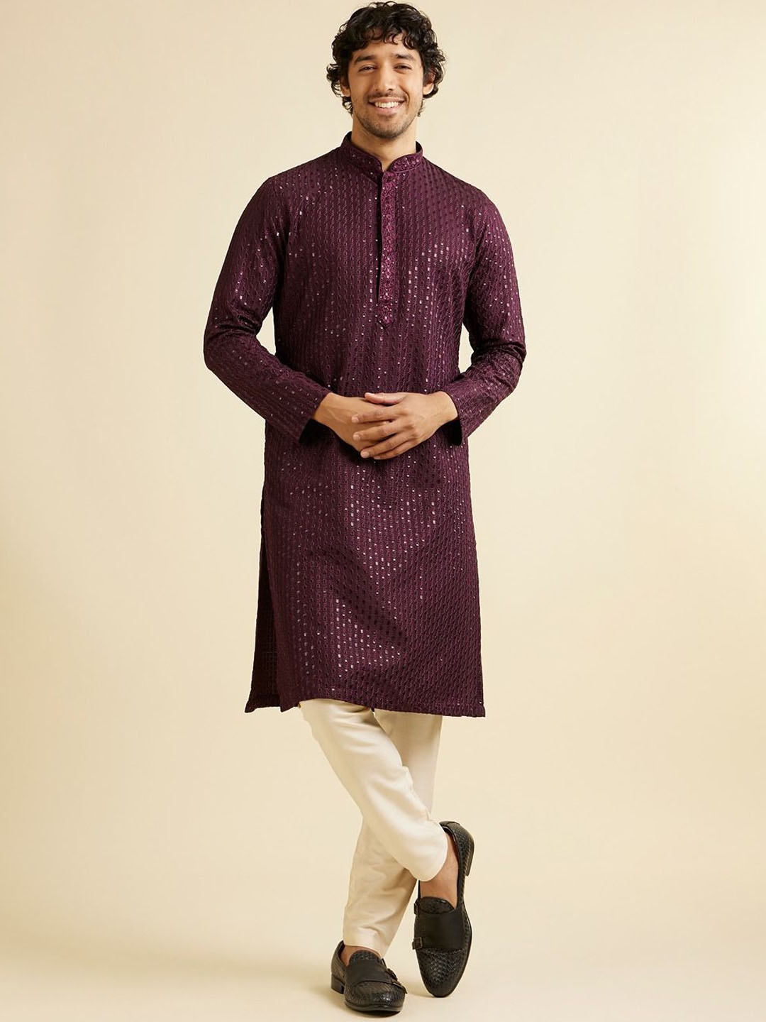 

Manyavar Men Ethnic Motifs Embroidered Regular Sequinned Kurta with Pyjamas, Purple