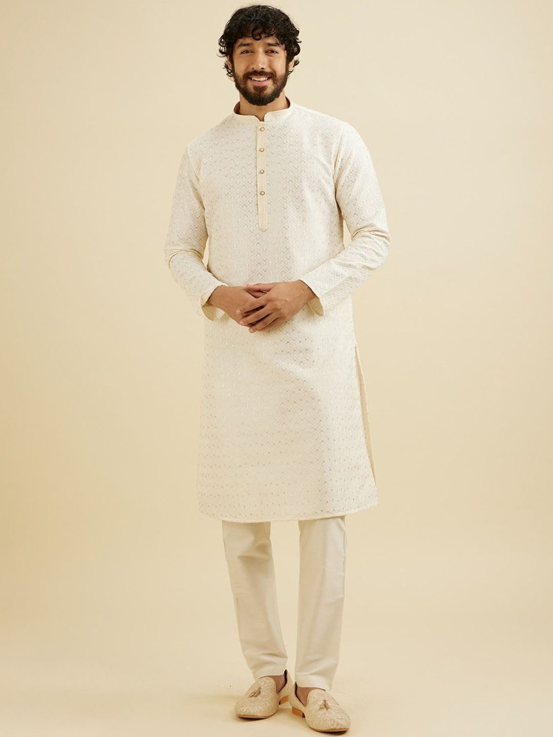 

Manyavar Men Ethnic Motifs Embroidered Regular Sequinned Kurta with Pyjamas, Cream