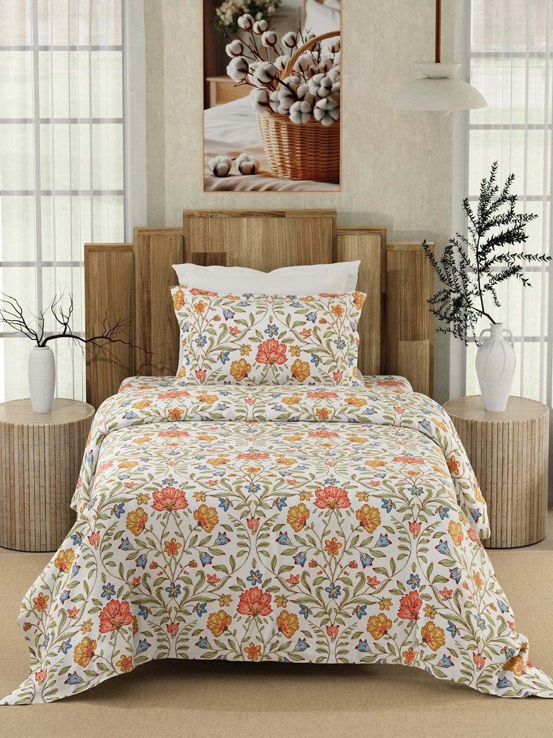 

Color Sense White & Green Floral 200 TC Single Bedsheet with 1 Pillow Covers