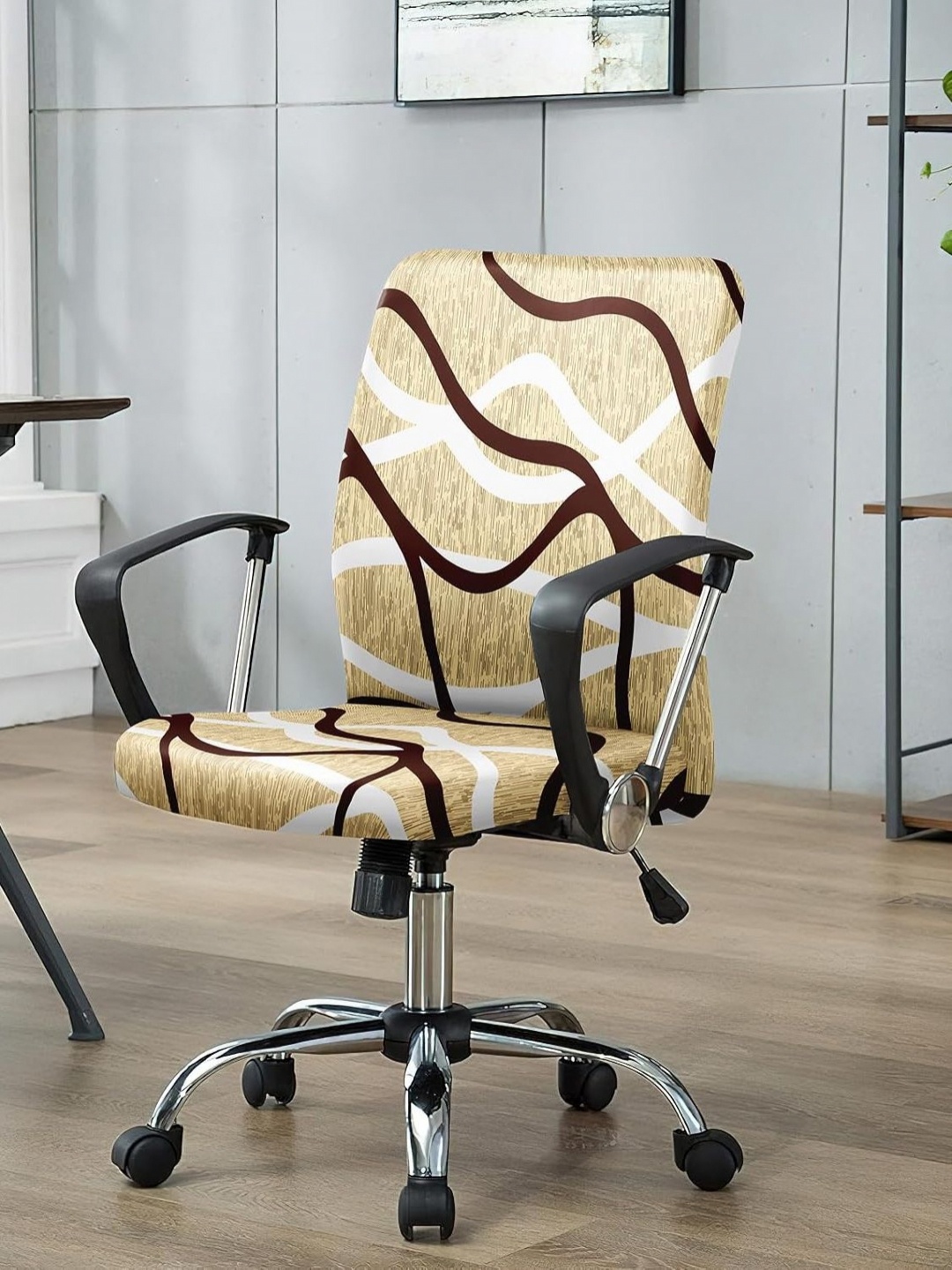 

HOUSE OF QUIRK Beige Printed Durable Zipper Stretchable Desk Chair Cover