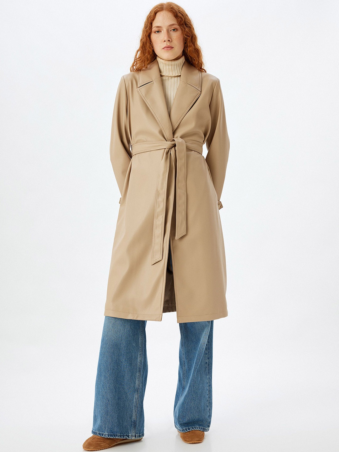 

Koton Women Striped Longline Tailored Jacket, Beige