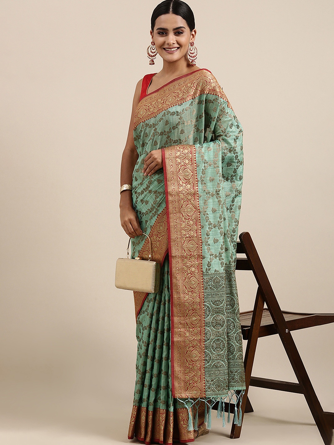 

HEER FASHION Woven Design Zari Banarasi Saree, Sea green