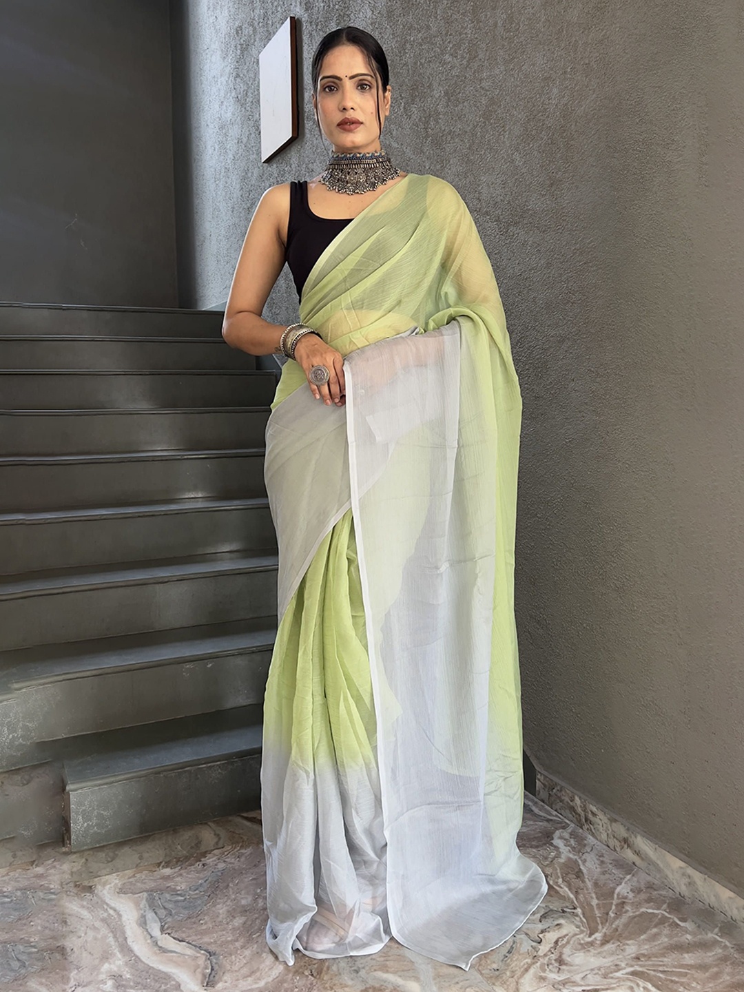 

KALINI Ombre Pure Chiffon Ready to Wear Saree, Green