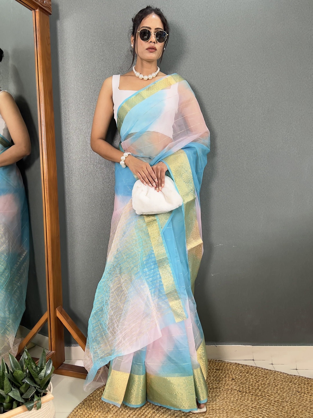 

KALINI Tie and Dye Zari Organza Leheriya Saree, Blue