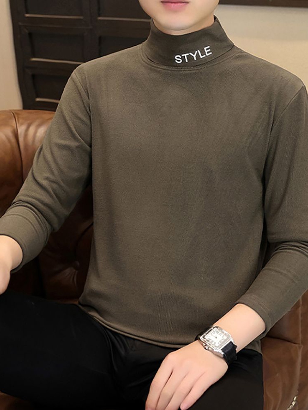 

StyleCast x Revolte Men Solid High Neck T-shirt, Olive