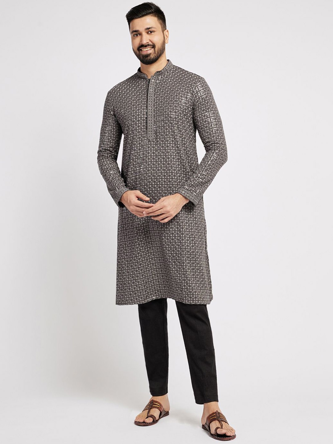 

Ethnic India Men Ethnic Motifs Embroidered Thread Work Kurta, Grey