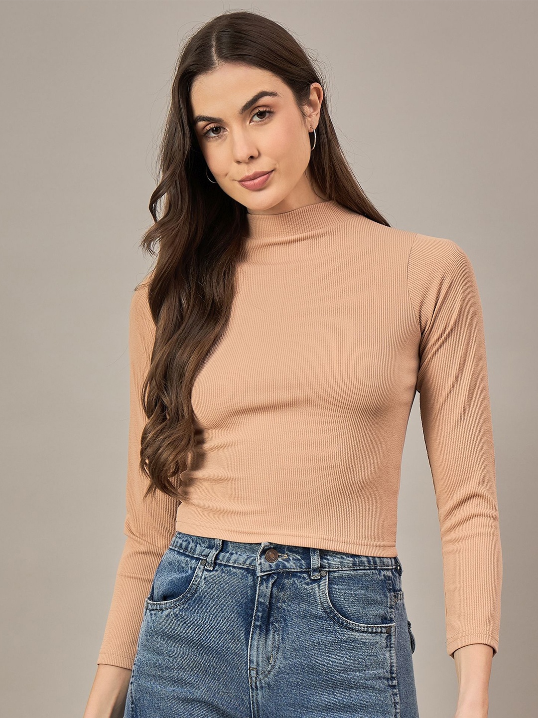 

The Roadster Lifestyle Co Women High Neck Long Sleeves Crop Tops, Beige