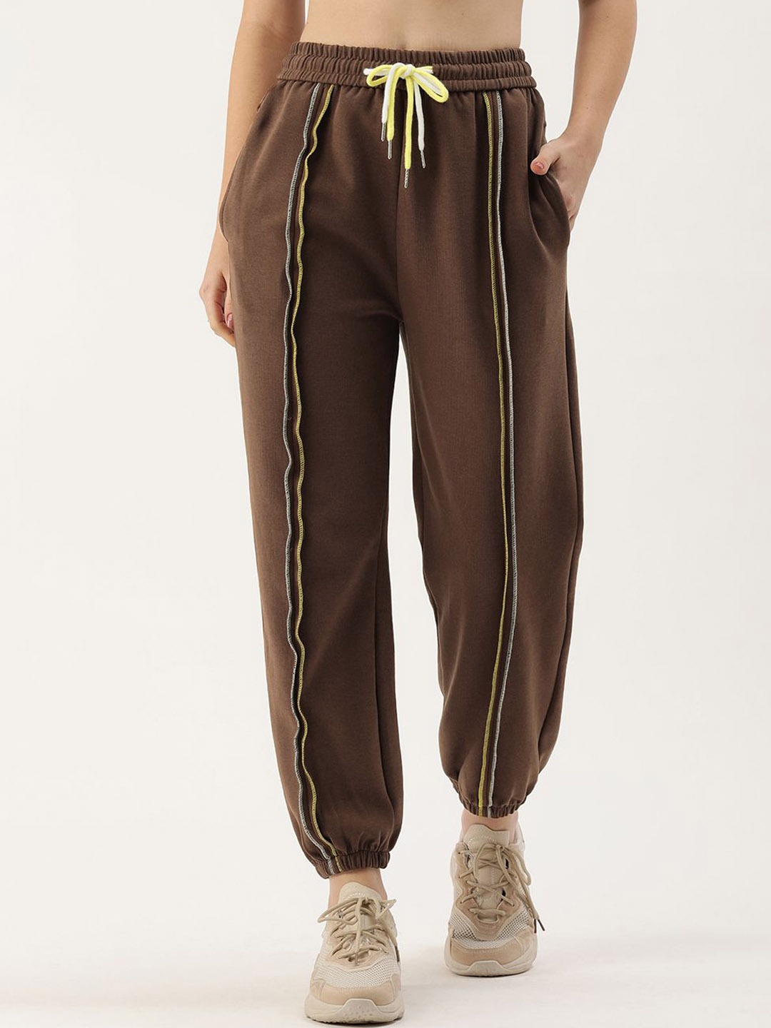

SHECZZAR Women Striped Cotton Joggers, Brown