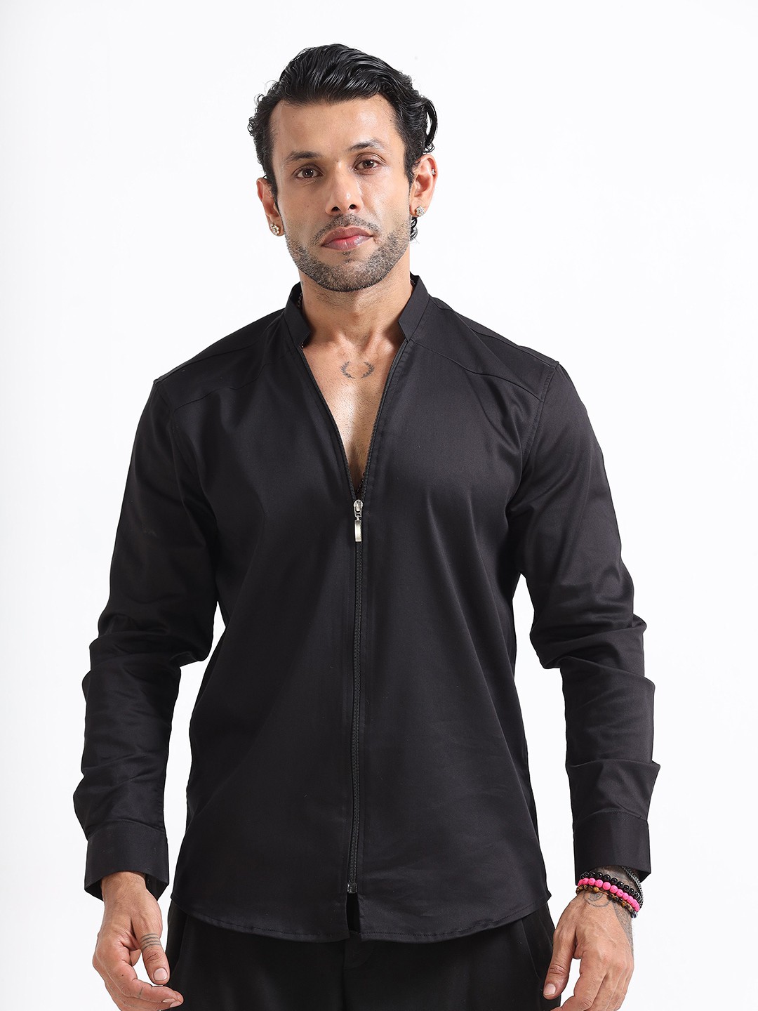 

Italian Colony Men Zip Up Casual Shirt, Black