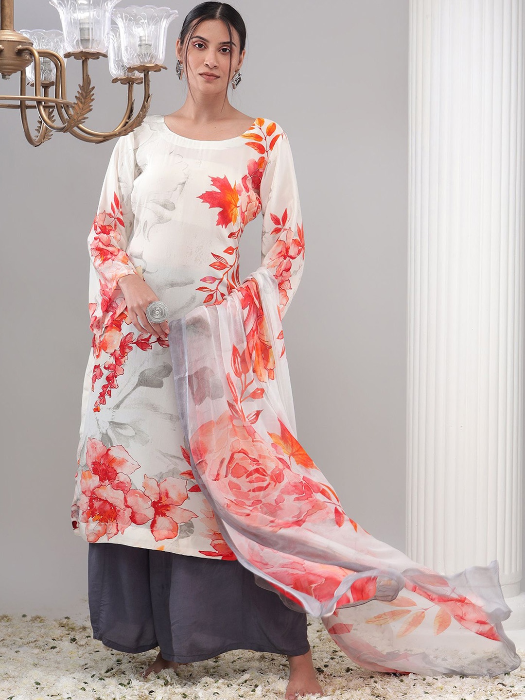 

REETI OF PRINTS Unstitched Dress Material, White