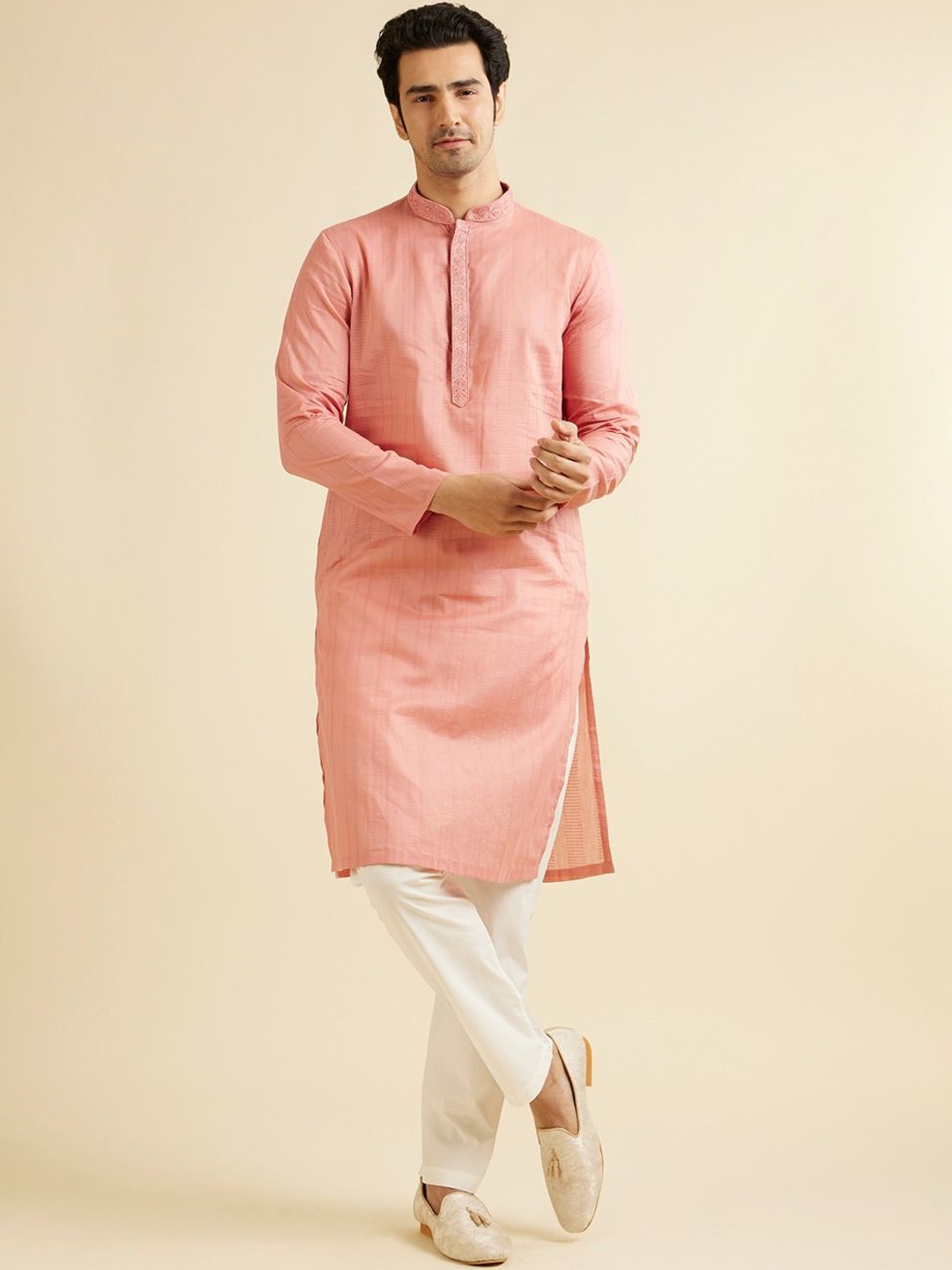 

Manyavar Men Embroidered Regular Pure Cotton Kurta with Pyjamas, Coral