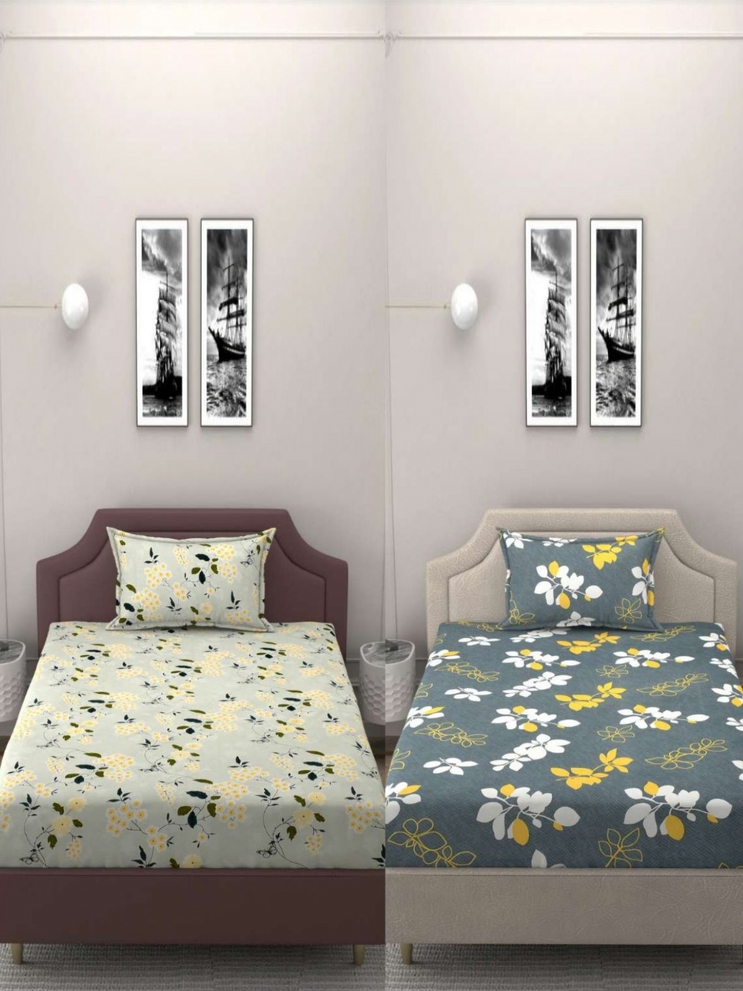 

BELVOSTUM Green & White Floral 250 TC 2 Single Bedsheet with 2 Pillow Covers