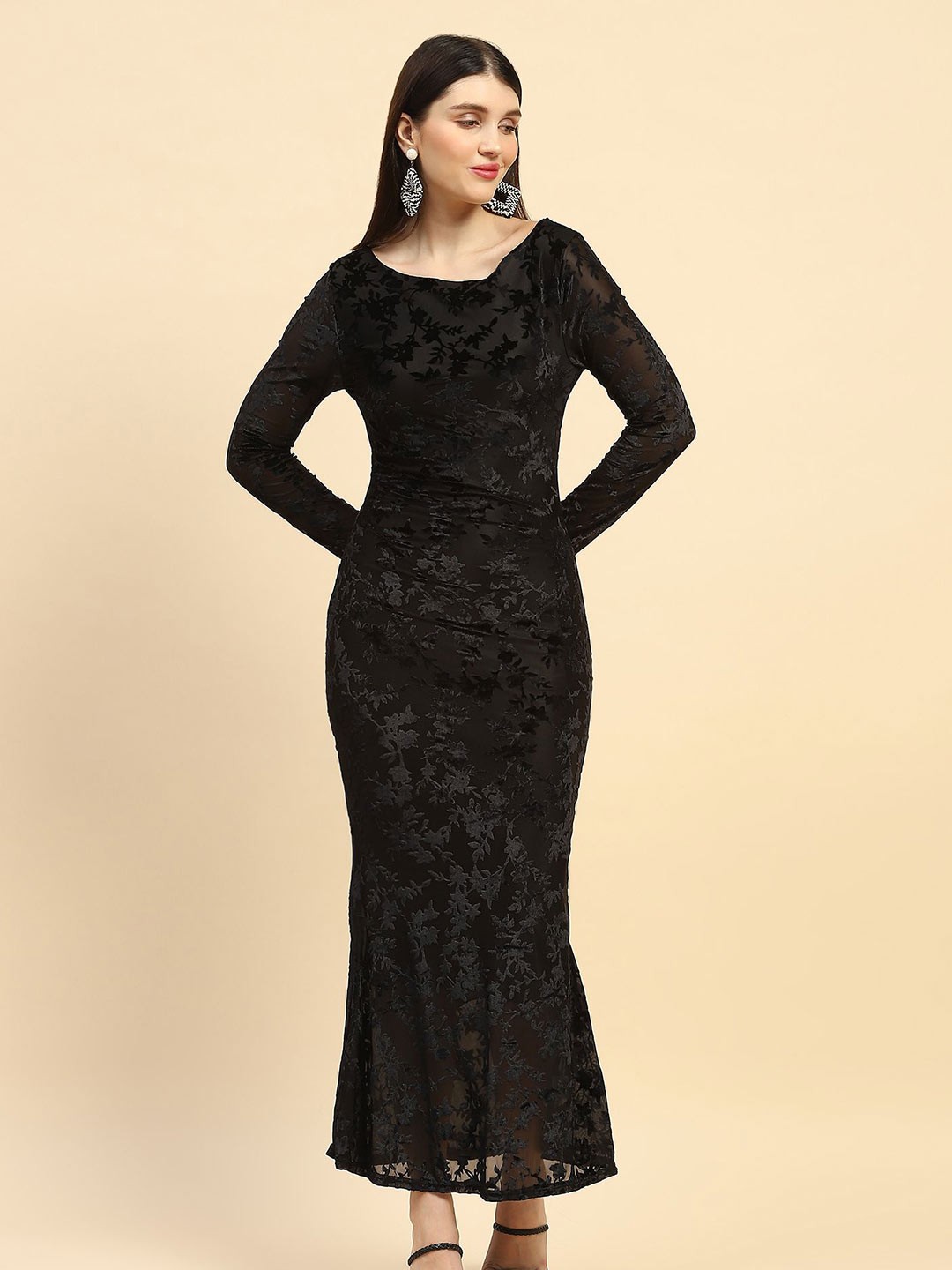 

Global Republic Floral Print Net Bodycon Maxi Dress, Black