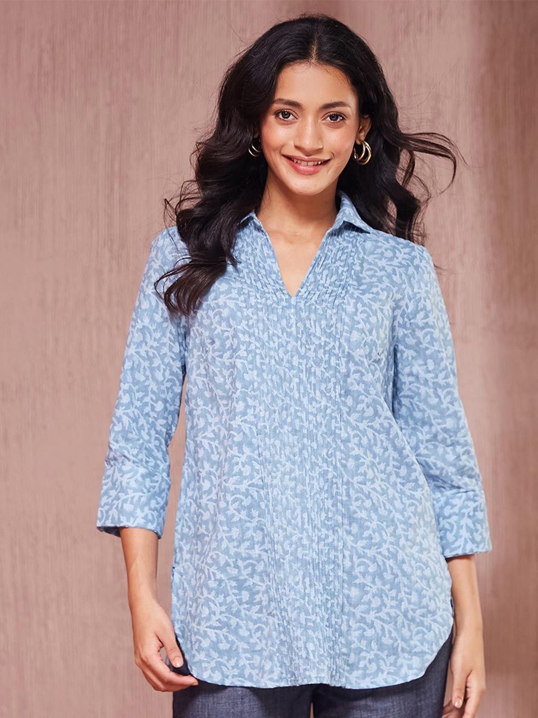 

Fabindia Women Cotton Shirt Collar Printed Tunic, Blue