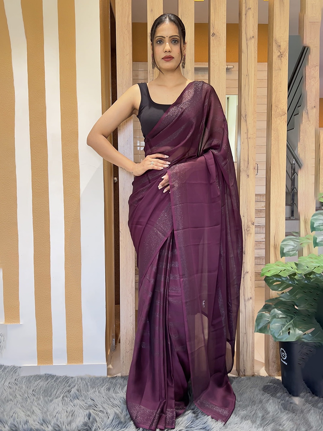 

KALINI Striped Pure Chiffon Ready to Wear Jamdani Saree, Purple