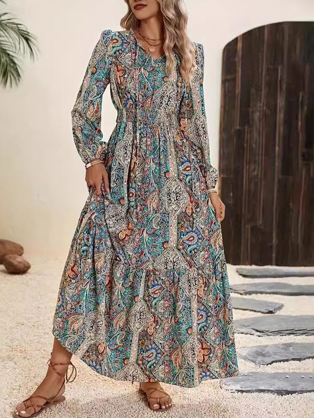

StyleCast Ethnic Motifs Layered A-Line Maxi Dress, Blue
