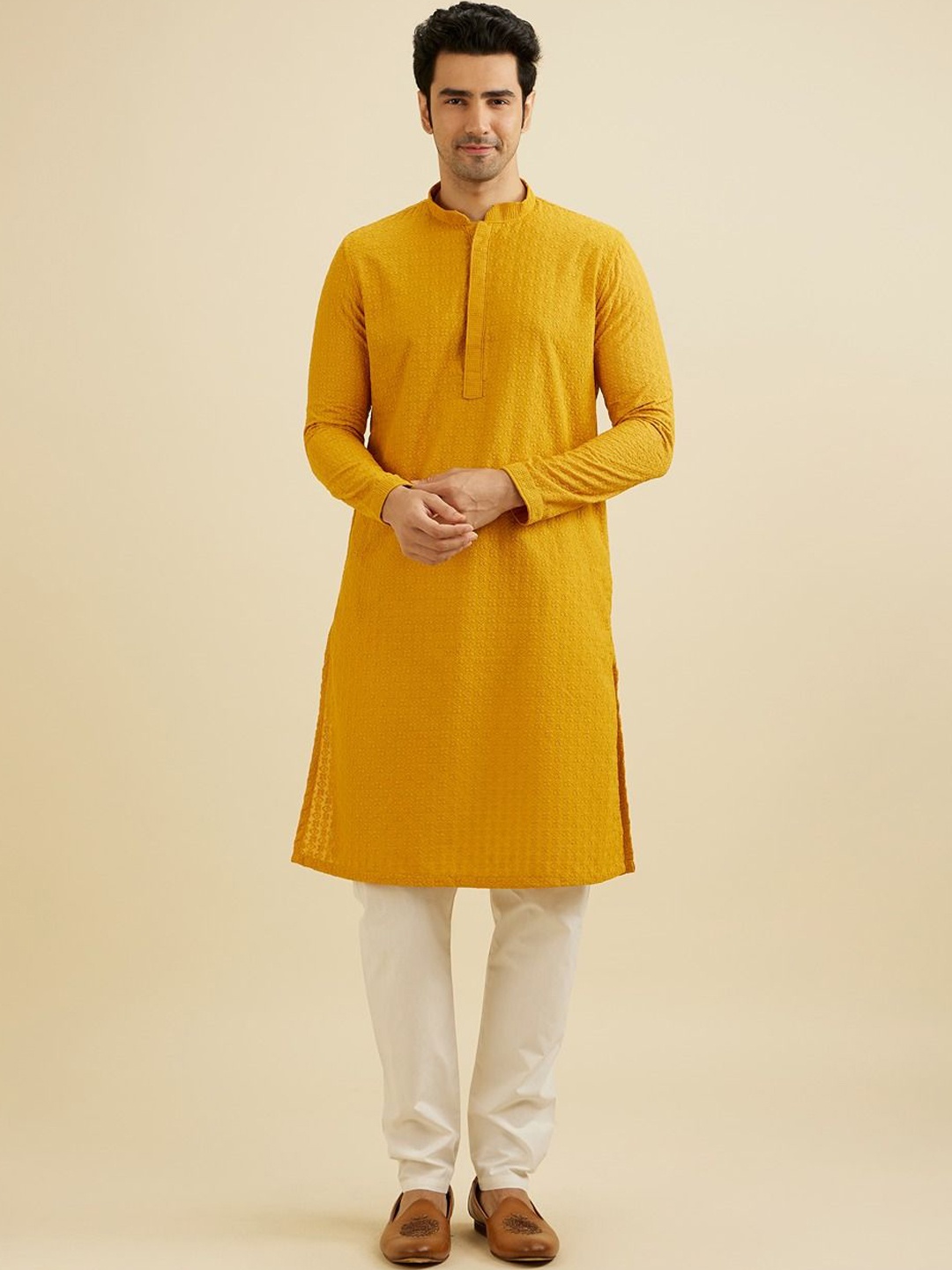 

Manyavar Men Embroidered Regular Chikankari Kurta with Pyjamas, Mustard