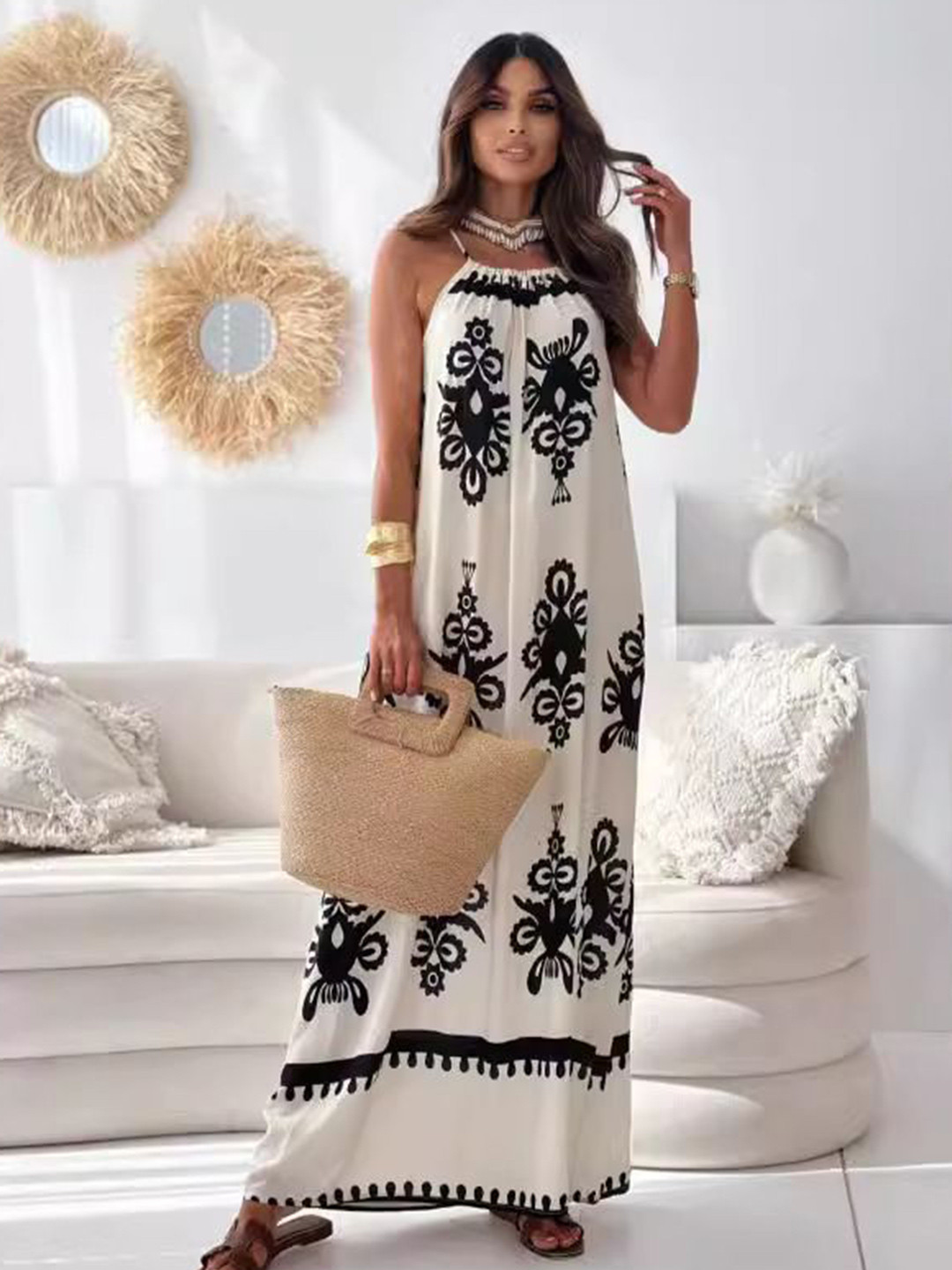 

StyleCast Ethnic Motifs Tie-Up Neck A-Line Maxi Dress, White