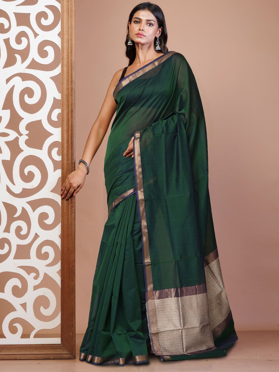 

Unnati Silks Zari Silk Cotton Maheshwari Saree, Green