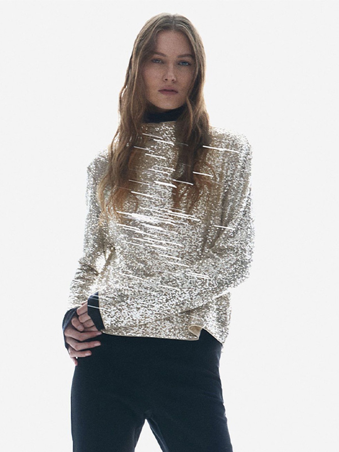 

H&M Sequined Turtleneck Top, Beige