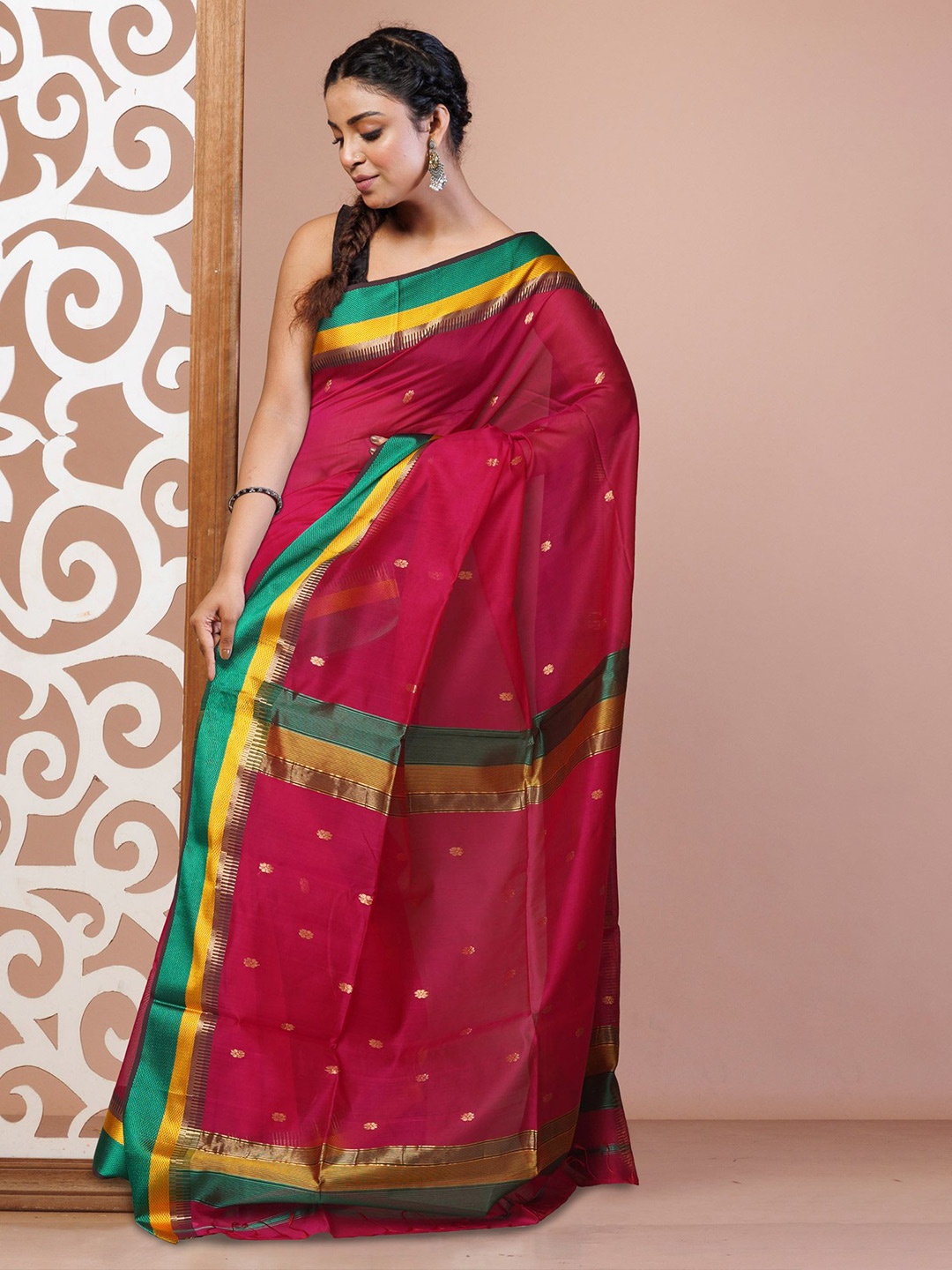 

Unnati Silks Woven Design Silk Cotton Handloom Maheshwari Saree, Pink