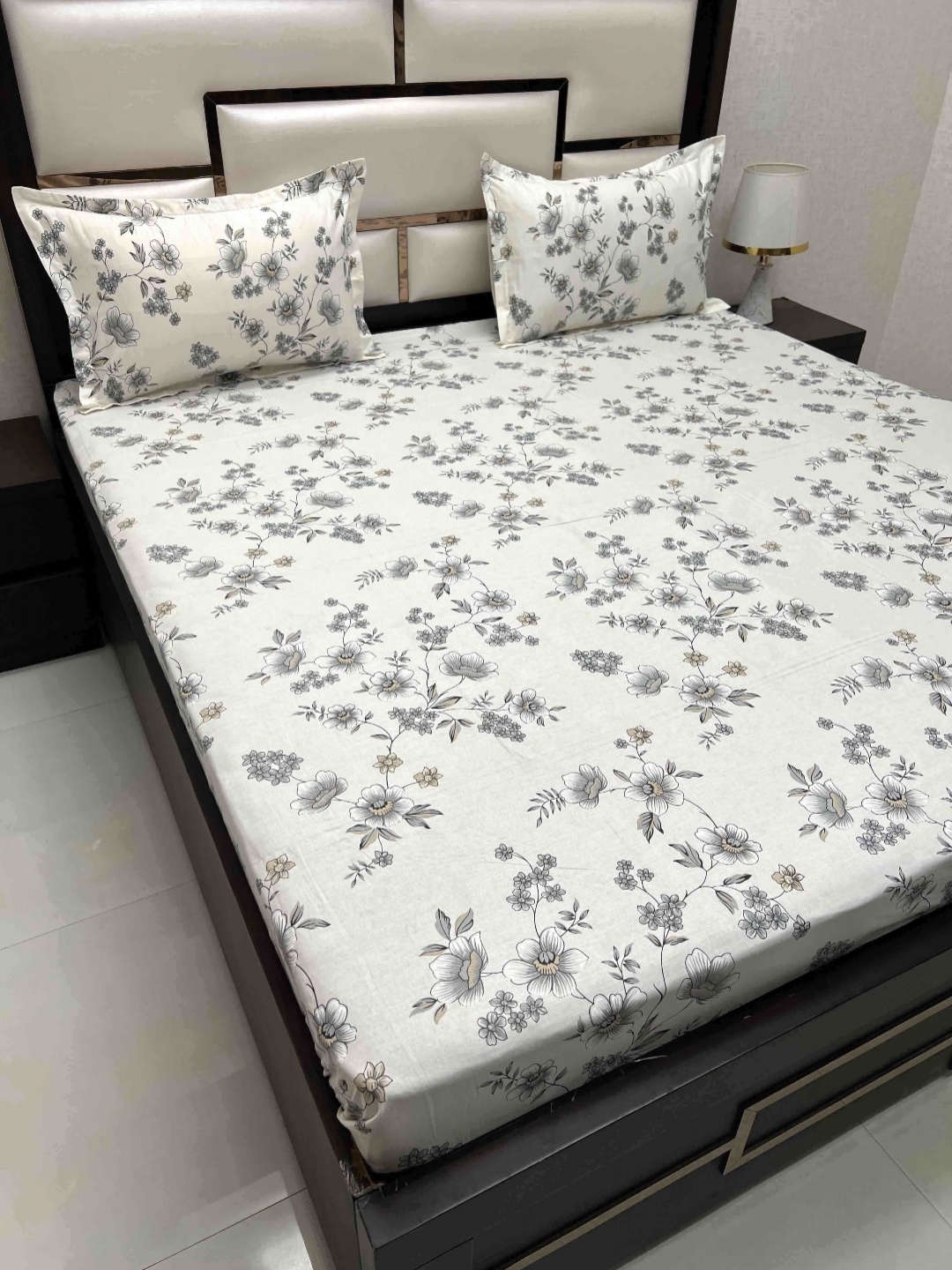 

Pure Decor White & Grey Floral 300 TC Queen Bedsheet with 2 Pillow Covers