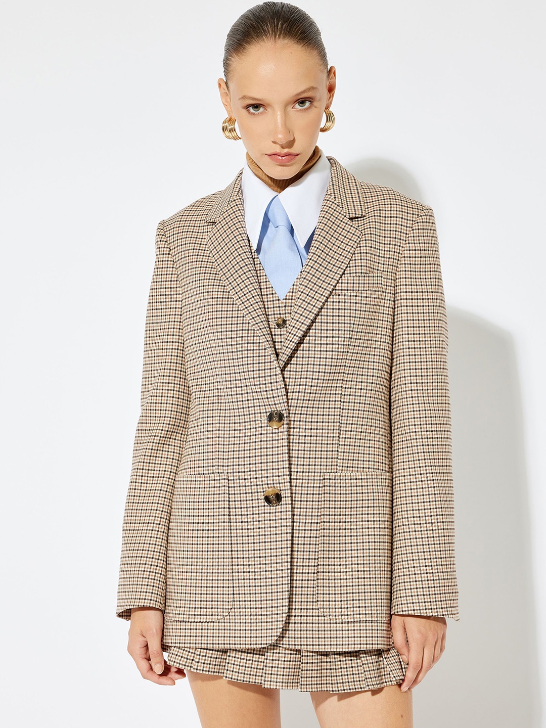

Koton Women Striped Longline Tailored Jacket, Brown